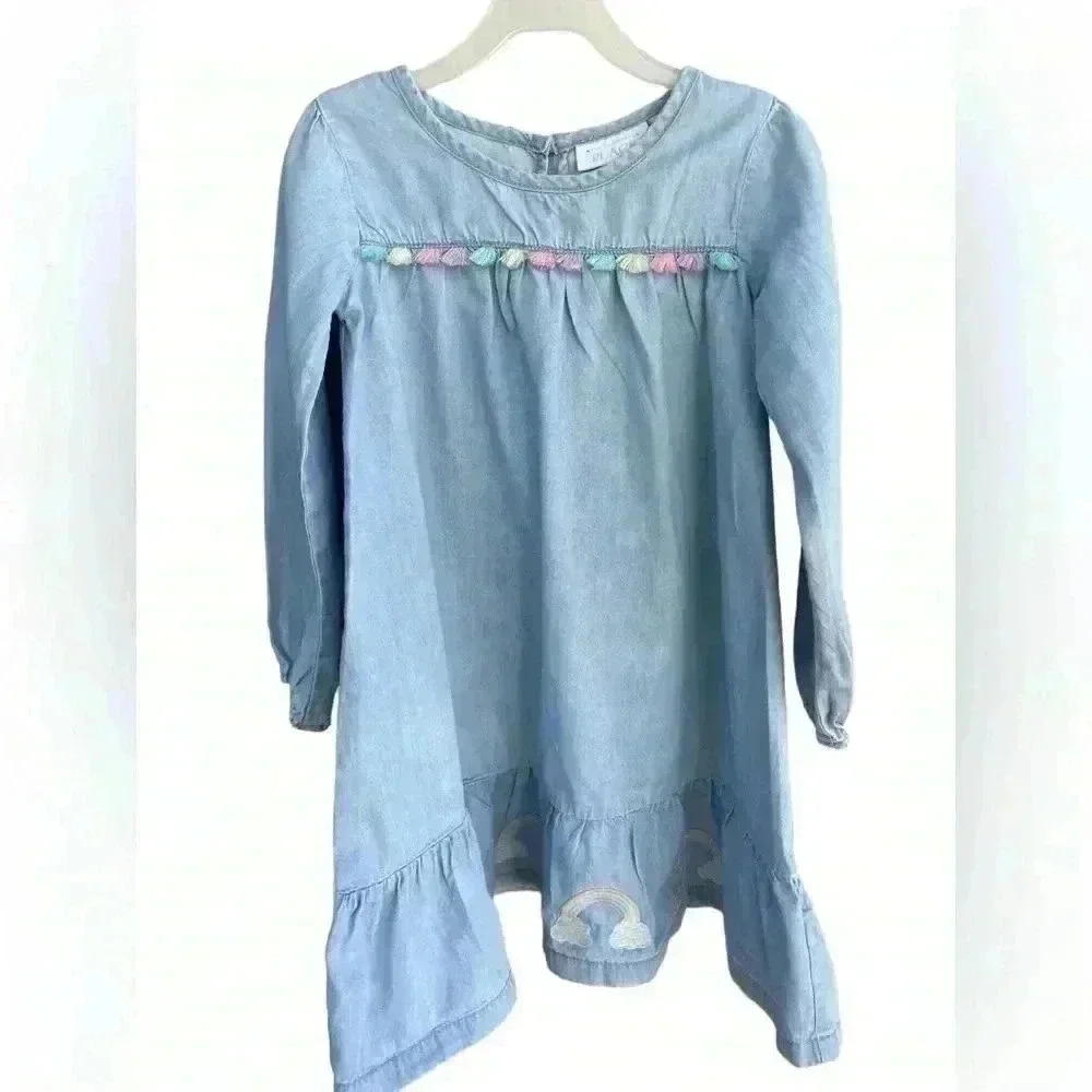 The Children's Place 5T Girls Embroidered 🌈 Chambray Dress - denim Med Wash
